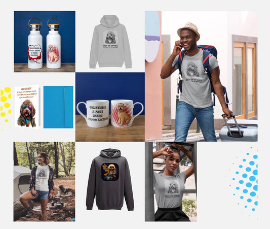 Labradoodle gifts by Deedoggy.com including hoodies, sweatshirts, water bottles, mugs, and birthday cards.
