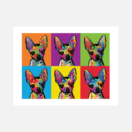 Colourful pop-art print featuring six vibrant Chihuahua portraits.