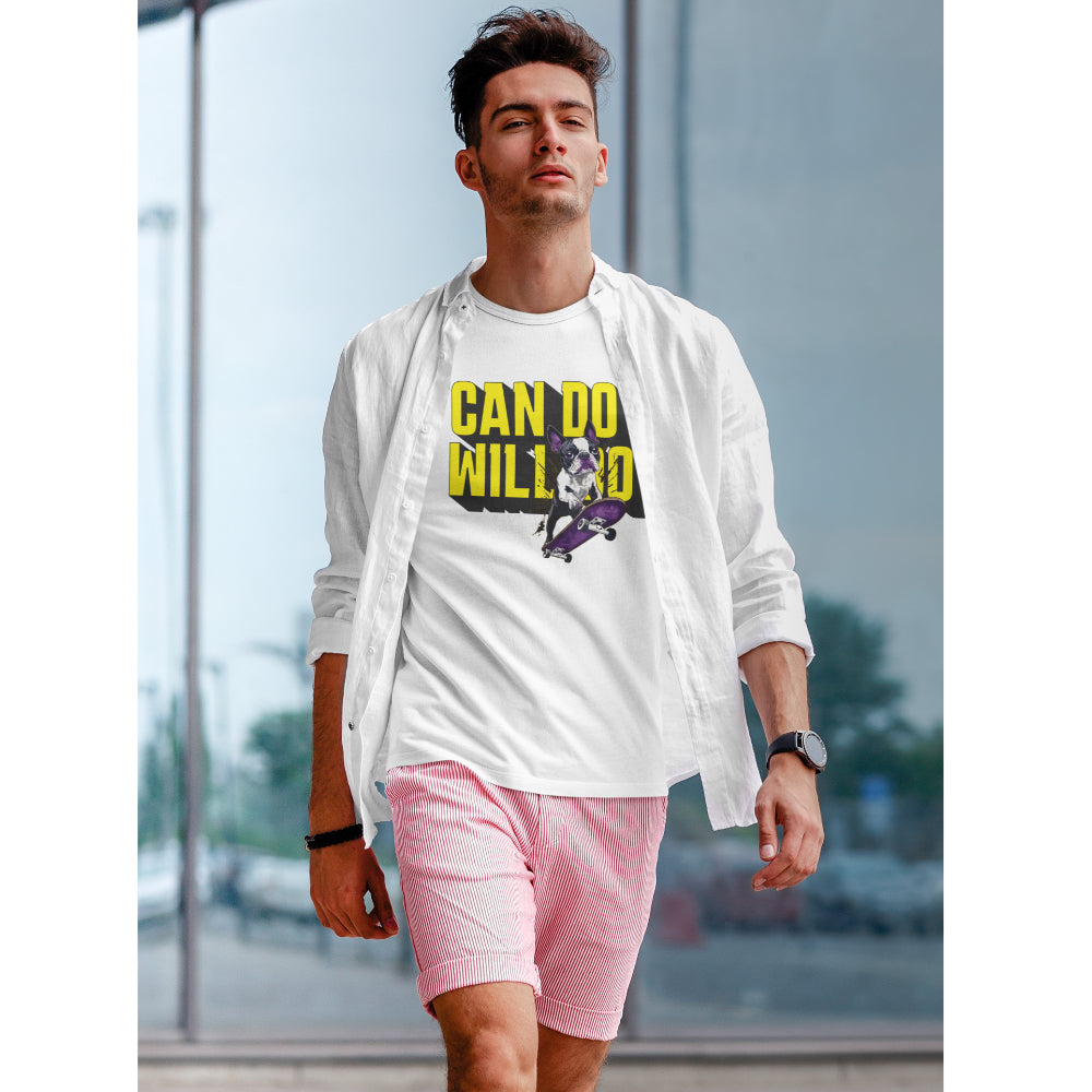 Man in a white T-shirt with a punk-style Boston Terrier skateboarding and bold “CAN DO, WILL DO” yellow text—street art design with doggy attitude.