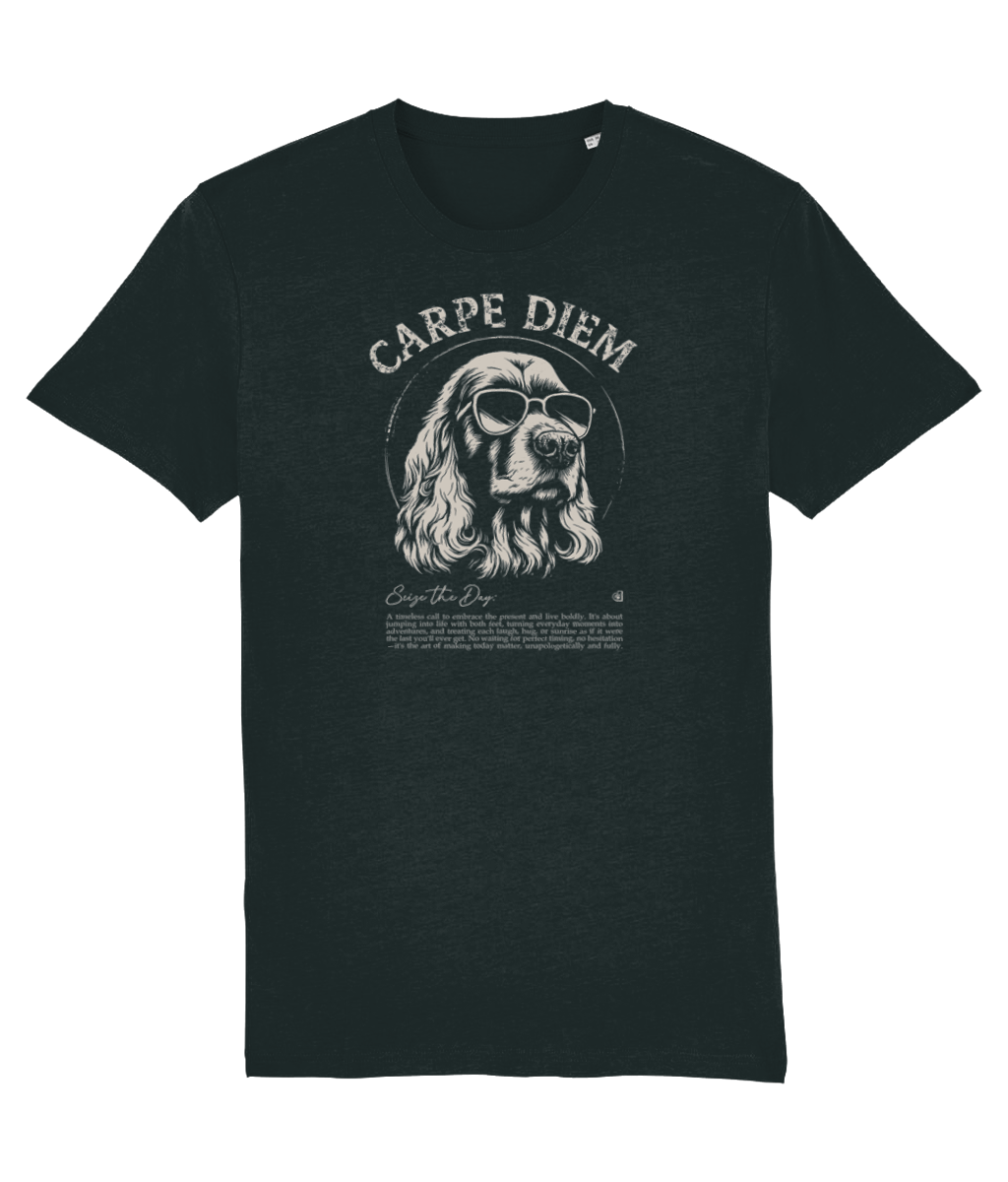Black organic cotton T-shirt featuring a cool Cocker Spaniel in sunglasses with the slogan “Carpe Diem” and a playful definition underneath.