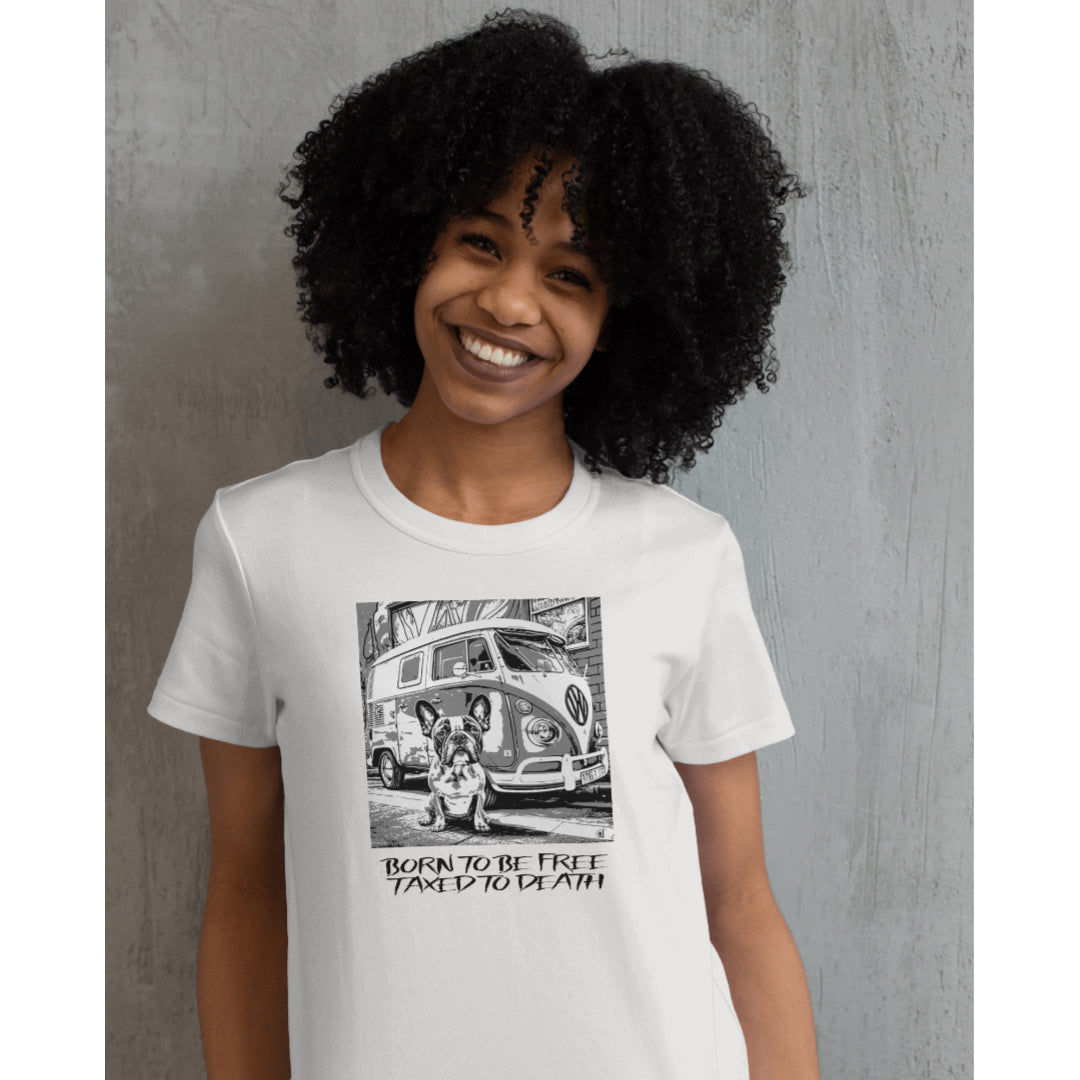 French Bulldog Unisex T-shirt (Camper Van) - Colour: Off White