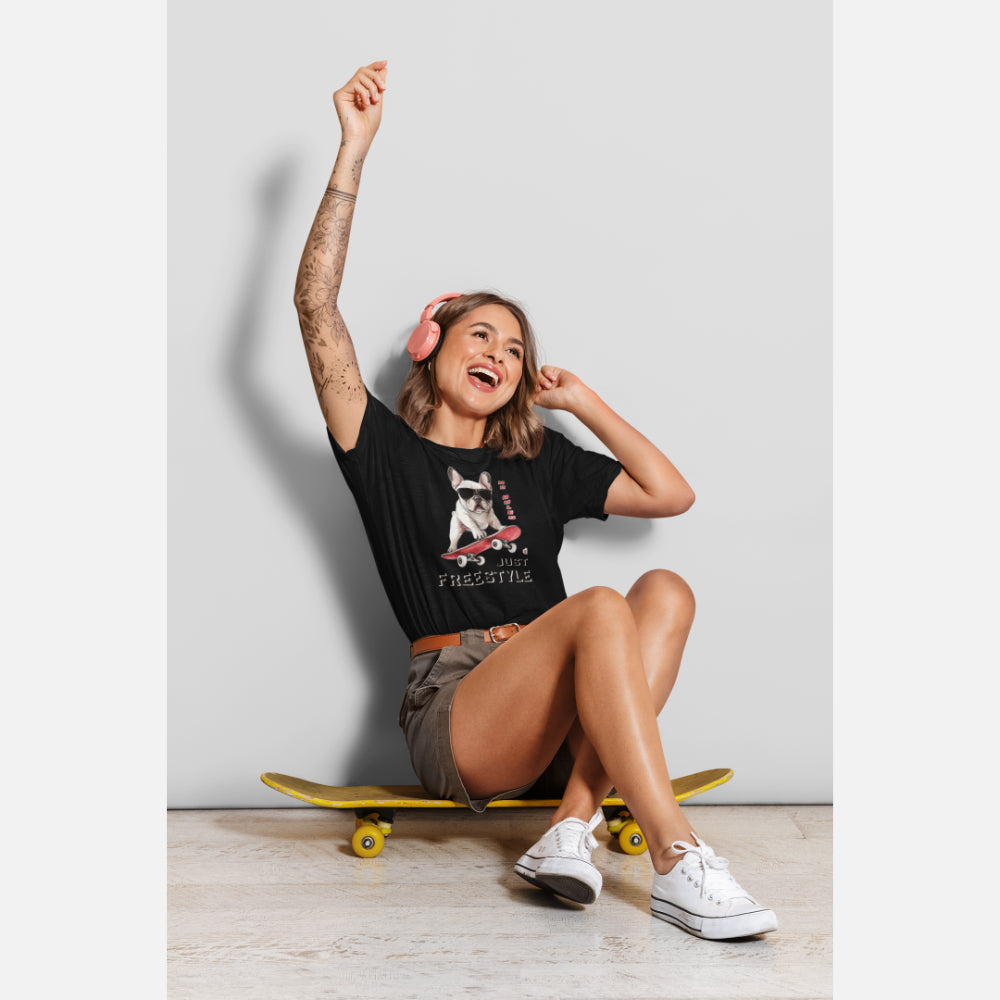 French Bulldog Unisex T-shirt (Skateboard) - Colour: Black