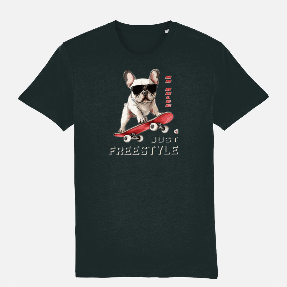French Bulldog Unisex T-shirt (Skateboard) - Colour: Black
