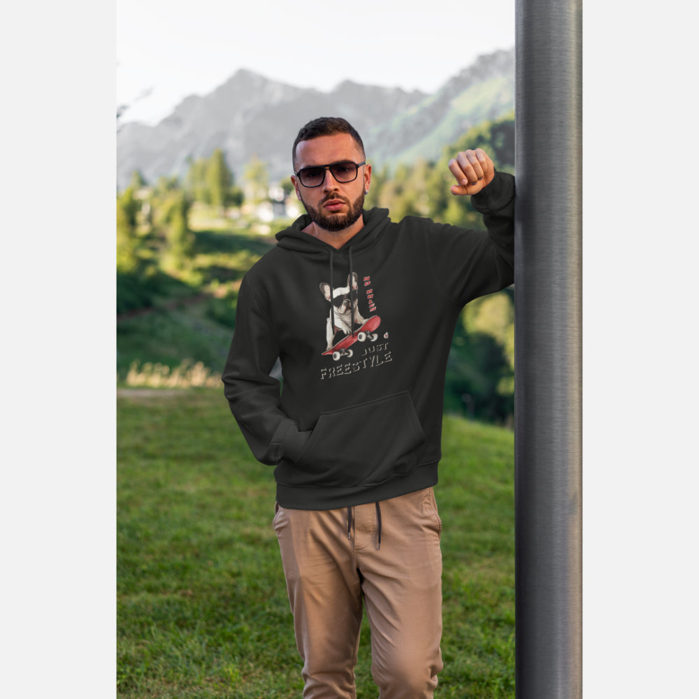French Bulldog Unisex Hoodie (Skateboard) - Colour: Black