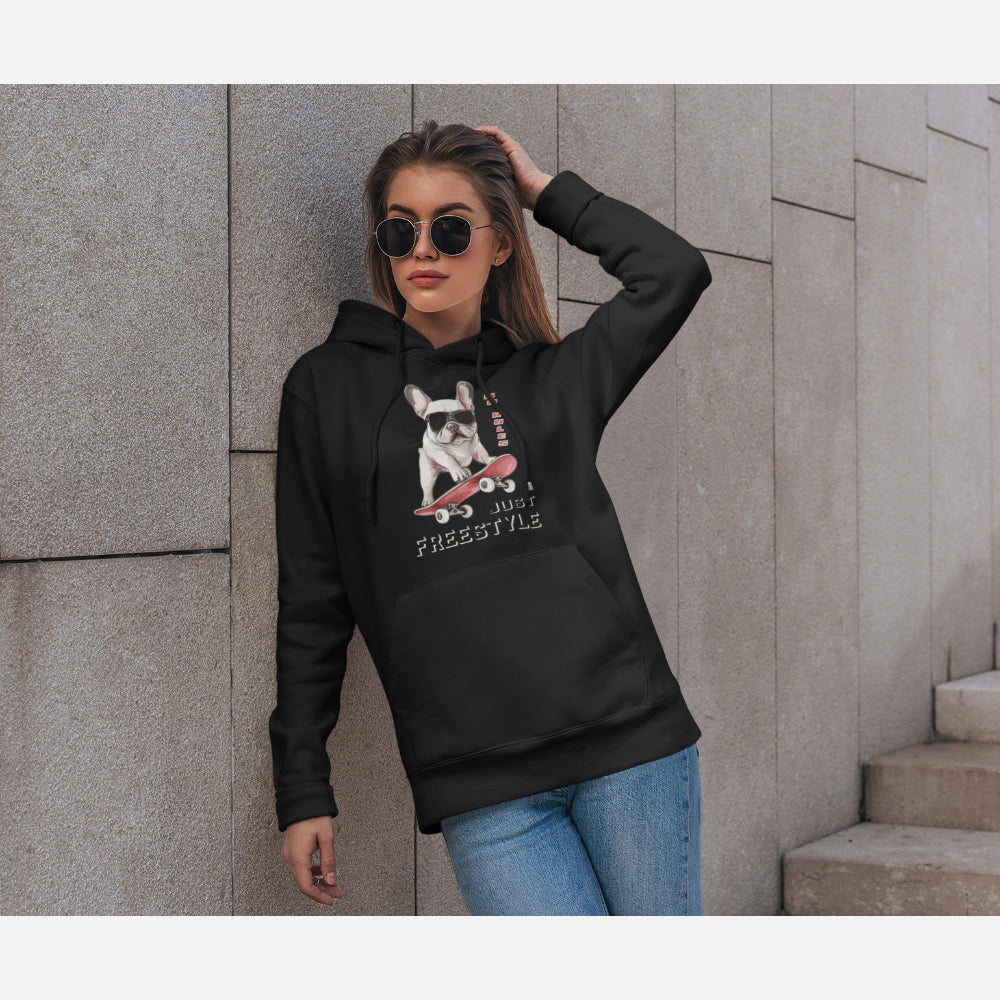 French Bulldog Unisex Hoodie (Skateboard) - Colour: Black
