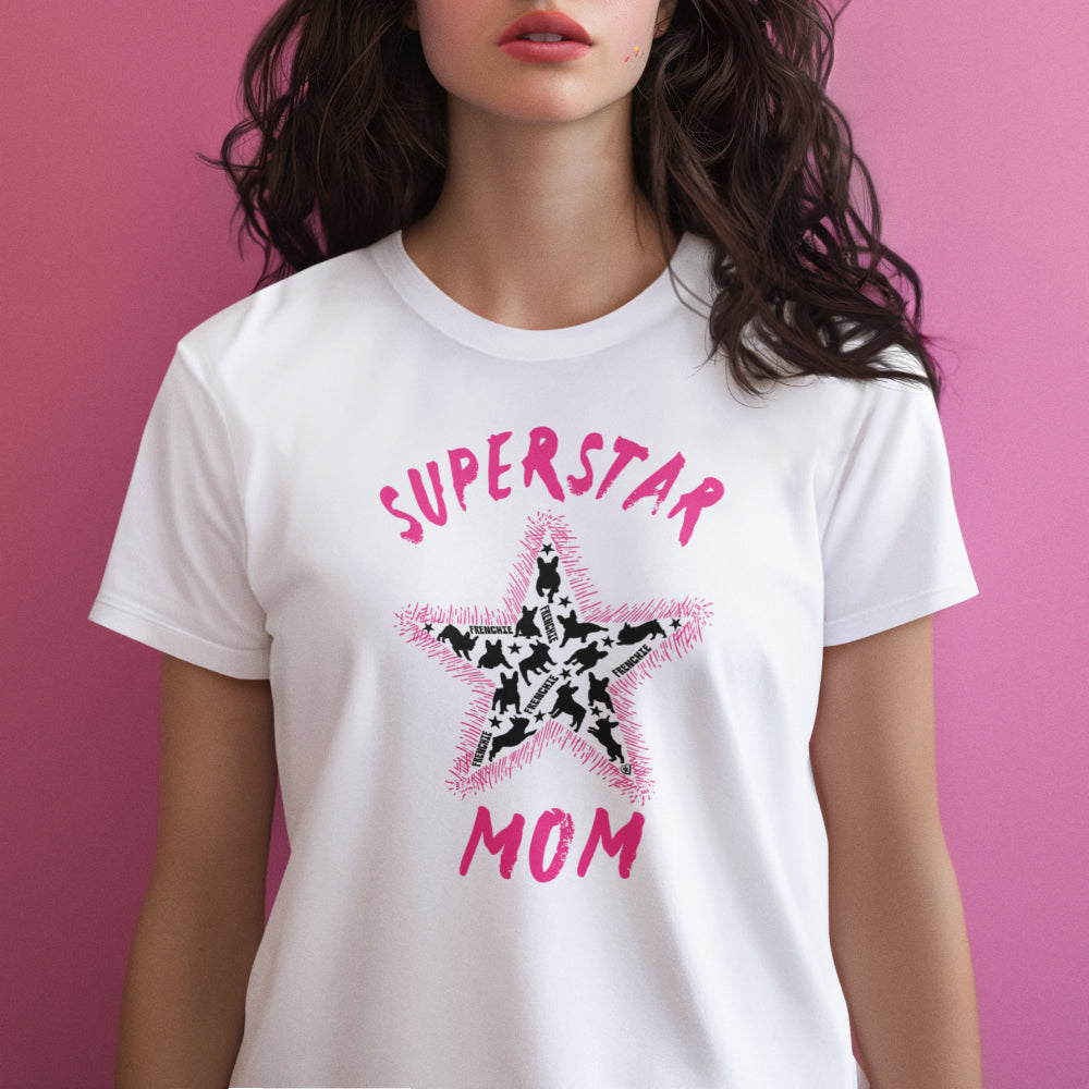 Model in a white 'Superstar Mom' T-shirt featuring a pink slogan and a star-shaped design filled with black French Bulldog silhouettes.