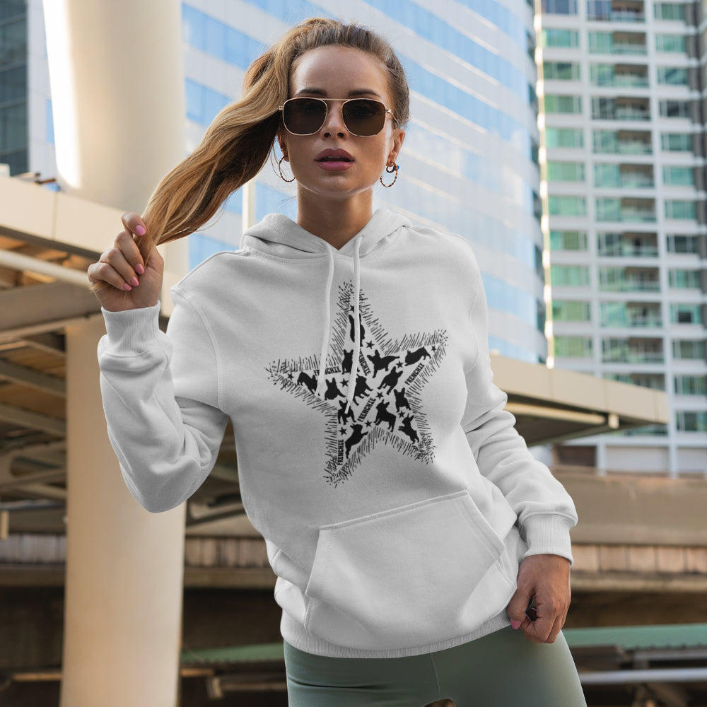Woman in a white 'Frenchie Star' hoodie featuring a bold star design filled with black French Bulldog silhouettes, perfect for Frenchie lovers.