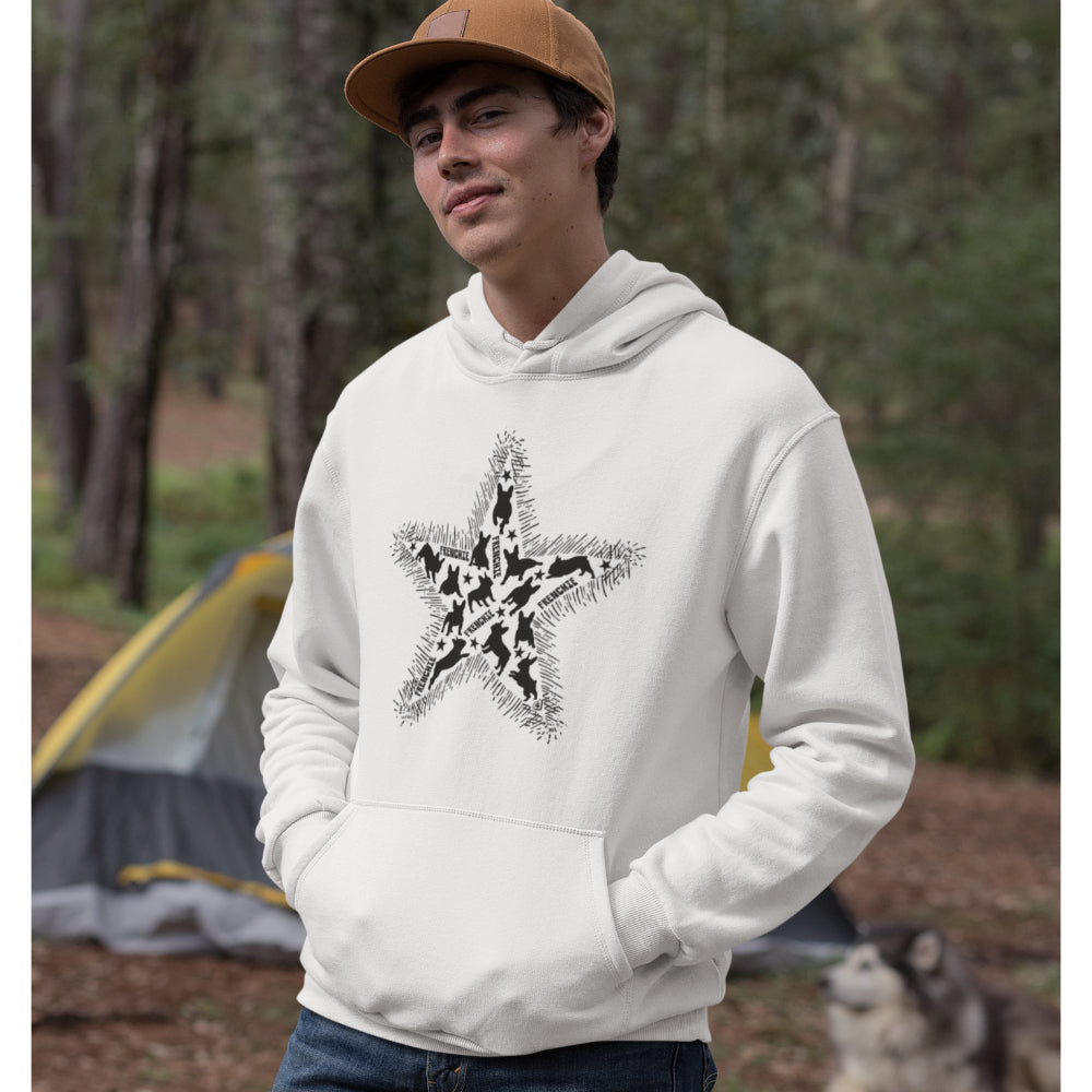 Man in a white 'Frenchie Star' hoodie featuring a bold star design filled with black French Bulldog silhouettes, perfect for Frenchie lovers.