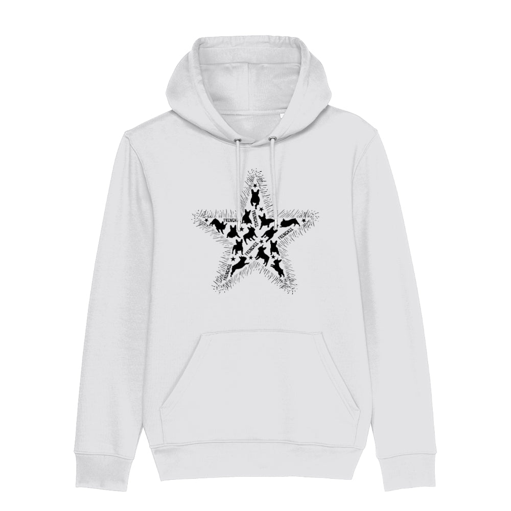 White 'Frenchie Star' hoodie featuring a bold star design filled with black French Bulldog silhouettes, perfect for Frenchie lovers.