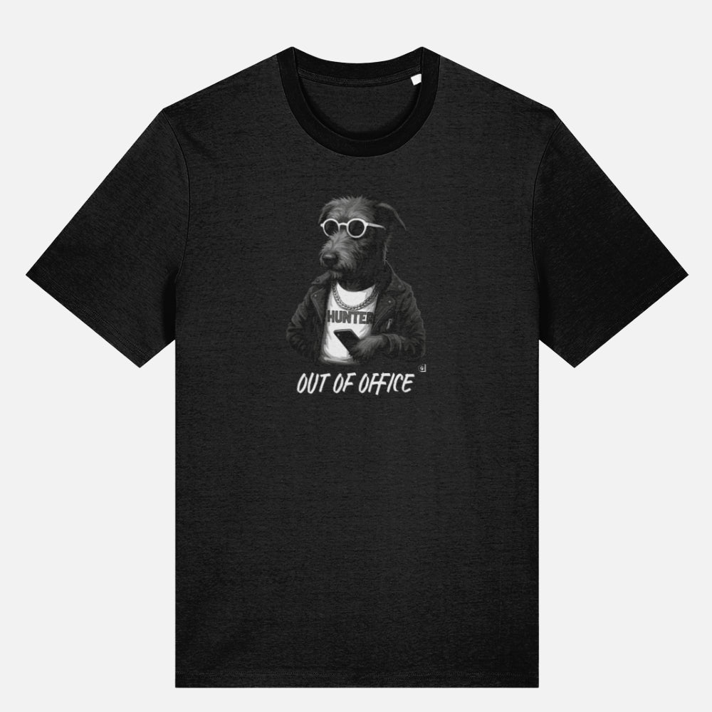 Black Irish Wolfhound 'Out of Office' T-shirt with leather jacket, sunglasses, and phone on organic cotton tee.