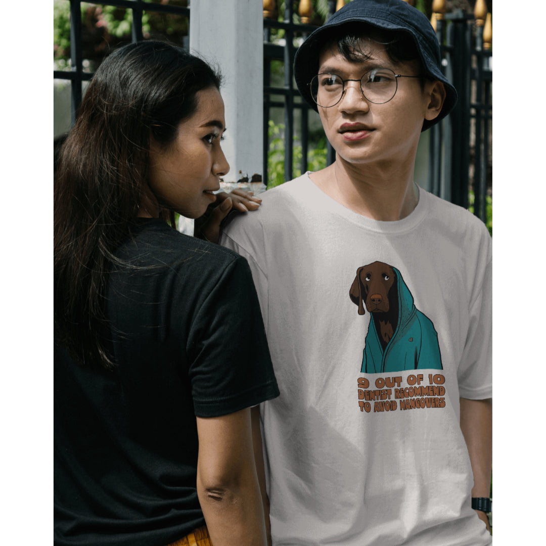 Chocolate Labrador Unisex T-shirt (Hangover) - Colour: Off White