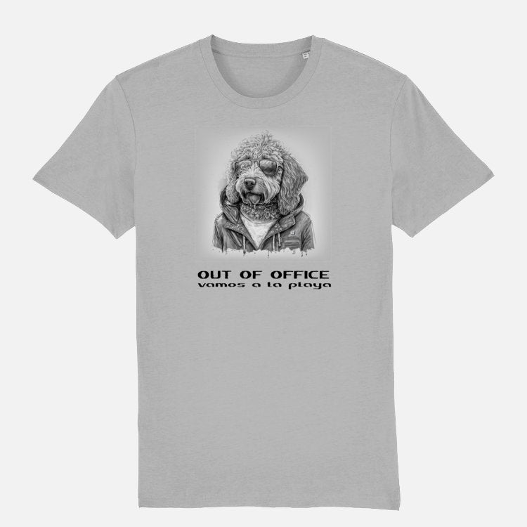 Heather Gray 'Out of Office' T-shirt featuring a cool Labradoodle illustration in sunglasses and jacket, with 'vamos a la playa' text below.