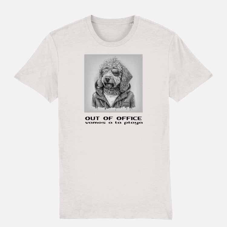 An Off White 'Out of Office' T-shirt featuring a cool Labradoodle illustration in sunglasses and jacket, with 'vamos a la playa' text below.