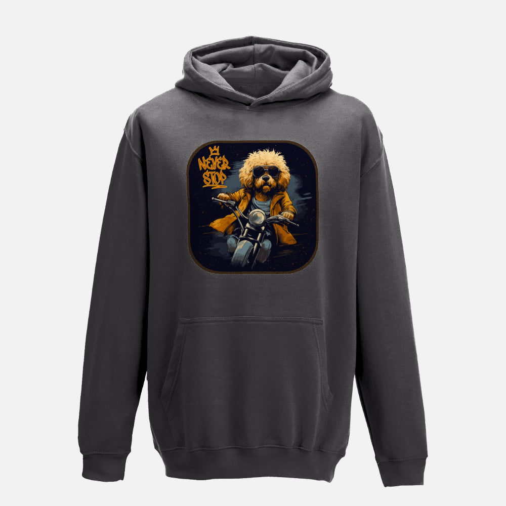 Kids' "Never Stop" Labradoodle Hoodie - Colour: Black Smoke