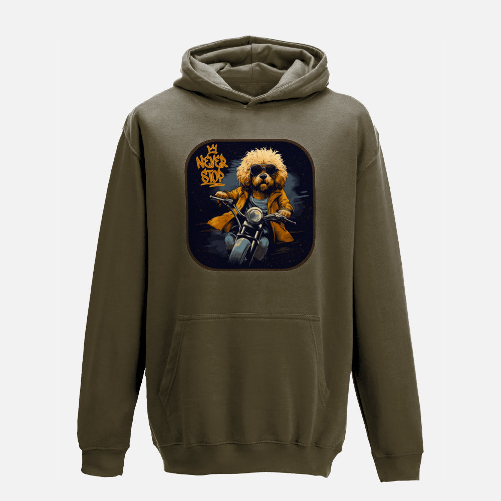 Kids' "Never Stop" Labradoodle Hoodie - Colour: Olive Green