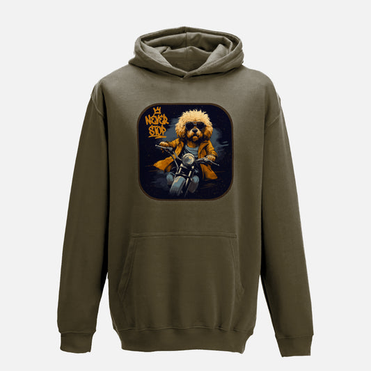 Kids' "Never Stop" Labradoodle Hoodie - Colour: Olive Green