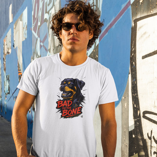 Men in a white T-shirt with street-style Rottweiler illustration and “Bad to the Bone” slogan in red. Bold gift for dog lovers with attitude.