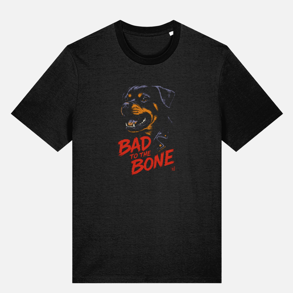 Black T-shirt with street-style Rottweiler illustration and “Bad to the Bone” slogan in red. Bold gift for dog lovers with attitude.