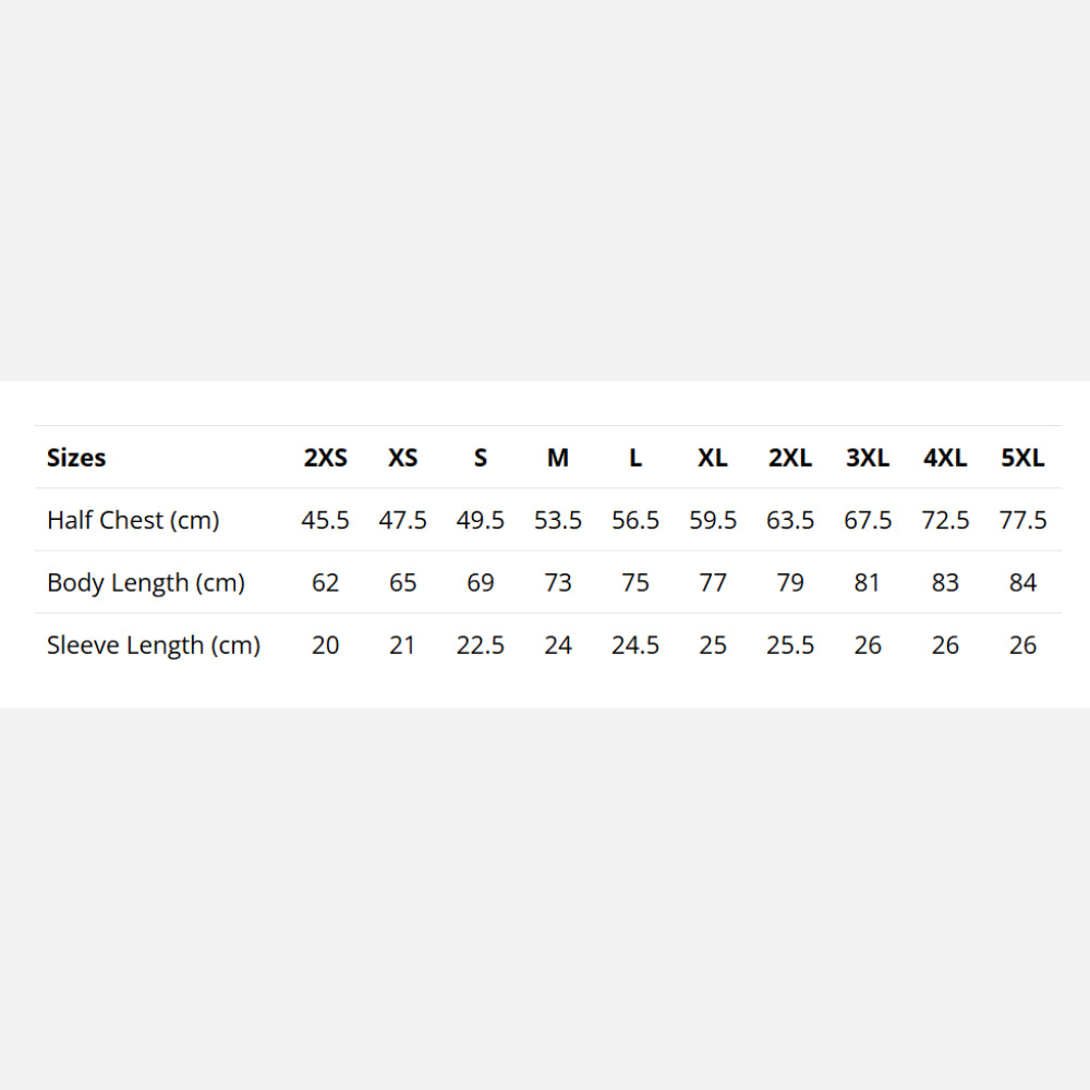 Size chart for clothing measurements on a white background