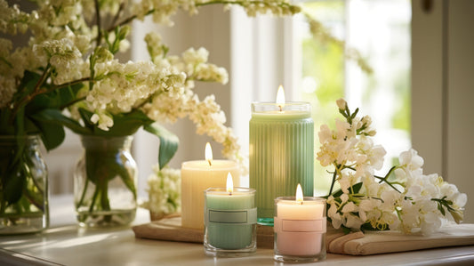 Scented candles and flowers arranged on a table in a cosy sunlit room