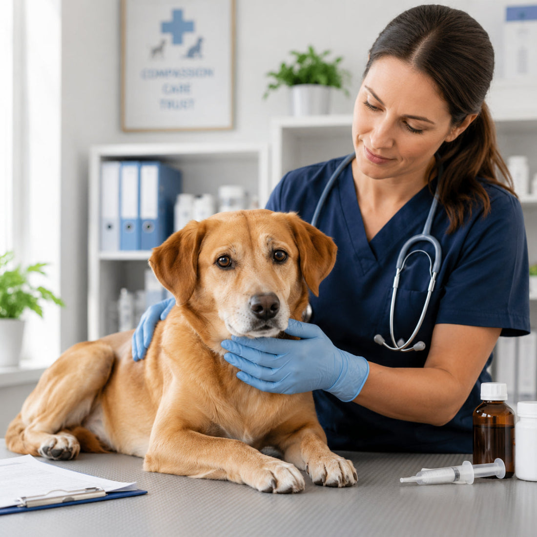 Dog receiving a calm veterinary check-up beside medicine bottles and an oral dosing syringe