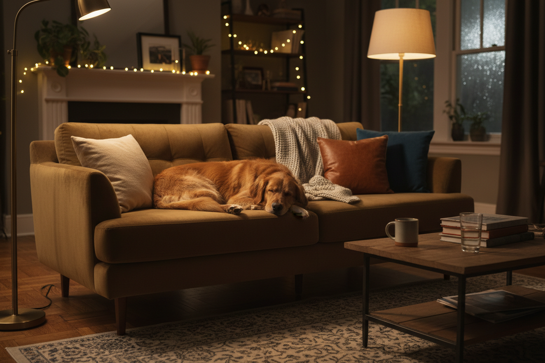 Dog lying alone on a sofa indoors at night