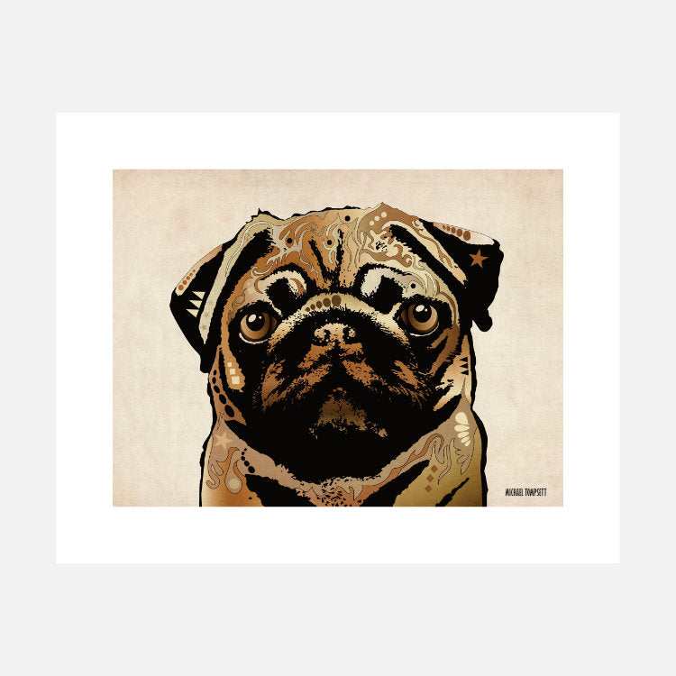 Pug Vintage Brown Art Print (artist Michael Tompsett)