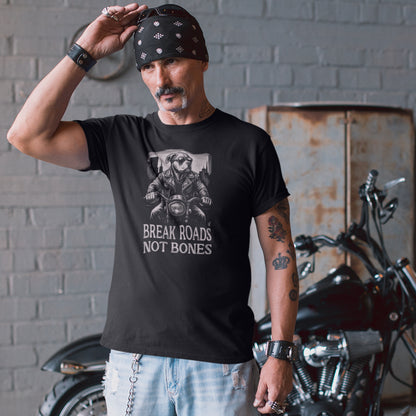 Men in a black T-shirt with American Bulldog biker design and “Break Roads Not Bones” slogan. Bold streetwear gift for edgy dog lovers.