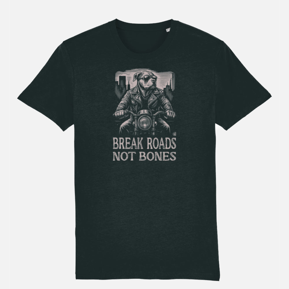 Black T-shirt with American Bulldog biker design and “Break Roads Not Bones” slogan. Bold streetwear gift for edgy dog lovers.