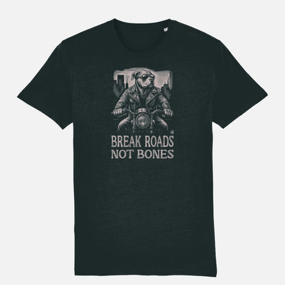 Black T-shirt with American Bulldog biker design and “Break Roads Not Bones” slogan. Bold streetwear gift for edgy dog lovers.