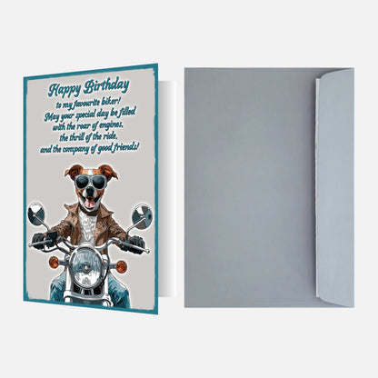 Birthday card featuring a Jack Russell Terrier dressed as a biker on a motorcycle, with 'Happy Birthday to my favourite biker' text. Pale grey envelope.