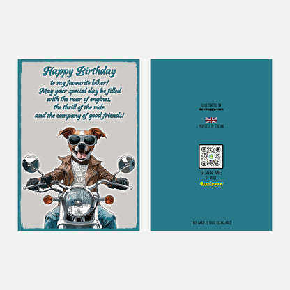 Birthday card featuring a Jack Russell Terrier dressed as a biker on a motorcycle, with 'Happy Birthday to my favourite biker' text.
Front and back.