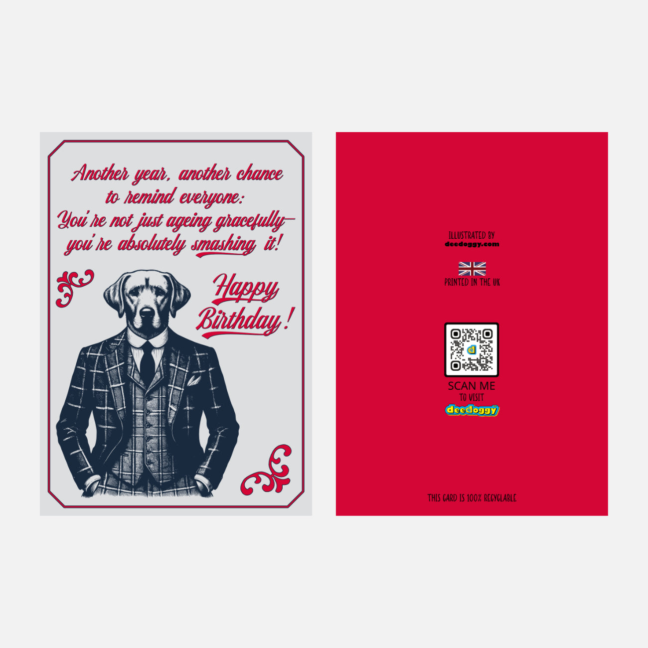 Elegant birthday card featuring a dapper Yellow Labrador in a suit with witty 'Happy Birthday' text celebrating aging with style. Front and back.
