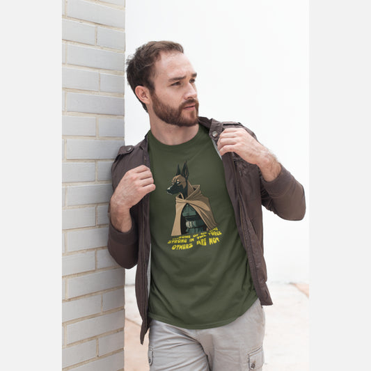 Men in khaki T-shirt featuring a Belgian Malinois illustration dressed as a Jedi with the caption 'Some of us are strong in the force, others are not.