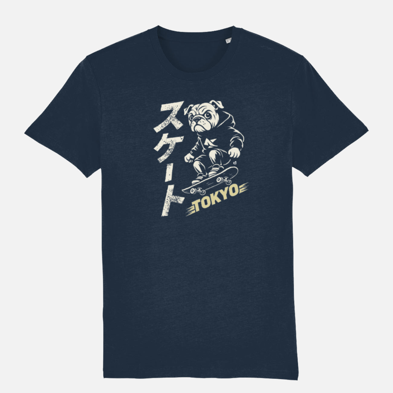 Unisex navy T-shirt featuring a British Bulldog skateboarder in a streetwear illustration, with vertical Japanese “Skate” text and a muted yellow Tokyo graphic.