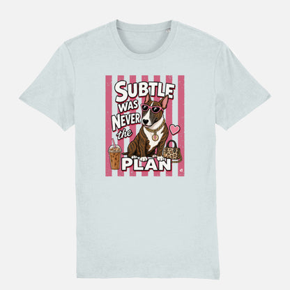 Subtle Was Never the Plan Bull Terrier T-shirt design with brindle Bull Terrier, sunglasses, gold chain, iced coffee and leopard-print bag on a Blue ice
 t-shirt