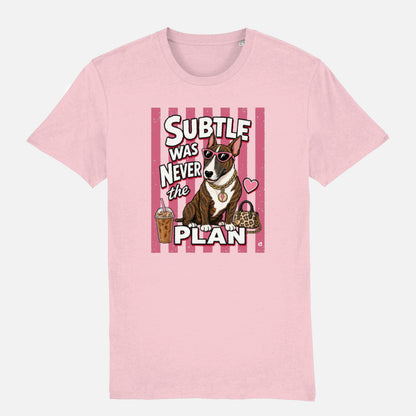Subtle Was Never the Plan Bull Terrier T-shirt design with brindle Bull Terrier, sunglasses, gold chain, iced coffee and leopard-print bag on a cotton Pink t-shirt
