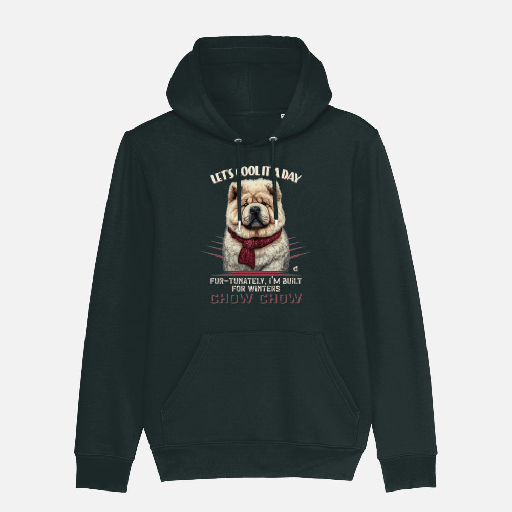 A black "Let's Cool It a Day" Chow Chow hoodie, featuring a Chow Chow illustration and winter-themed text.