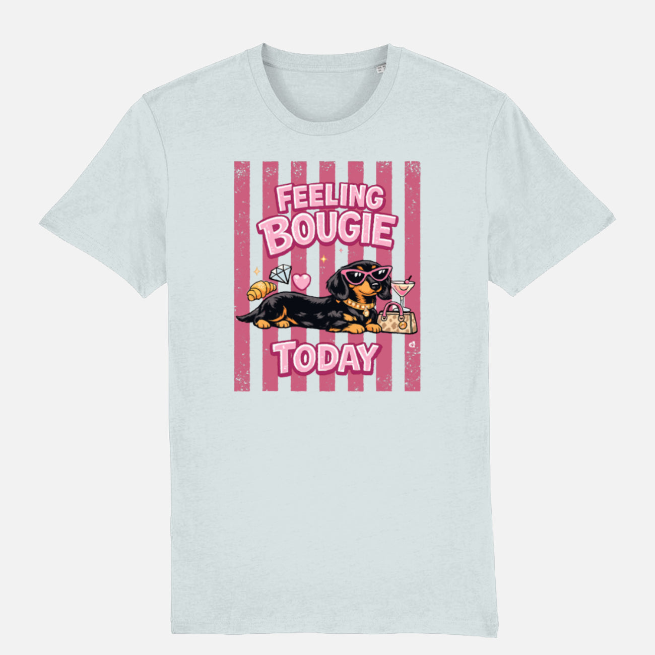 Feeling Bougie Today Dachshund T-shirt design with pink retro stripes, sunglasses, handbag, cocktail and croissant on a blue ice t-shirt