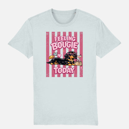 Feeling Bougie Today Dachshund T-shirt design with pink retro stripes, sunglasses, handbag, cocktail and croissant on a blue ice t-shirt
