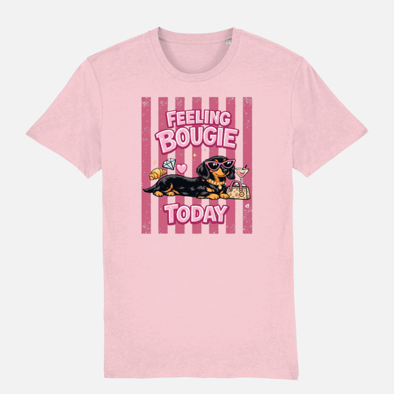 Feeling Bougie Today Dachshund T-shirt design with pink retro stripes, sunglasses, handbag, cocktail and croissant on a cotton pink t-shirt