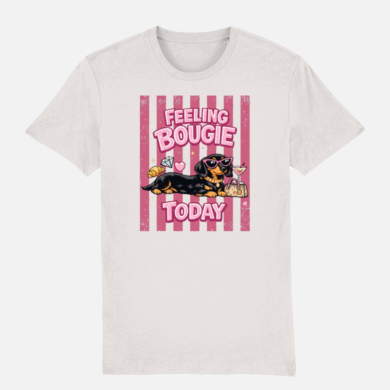 Feeling Bougie Today Dachshund T-shirt design with pink retro stripes, sunglasses, handbag, cocktail and croissant on an off-white t-shirt