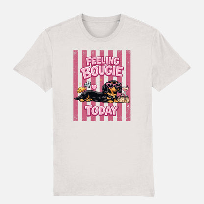 Feeling Bougie Today Dachshund T-shirt design with pink retro stripes, sunglasses, handbag, cocktail and croissant on an off-white t-shirt