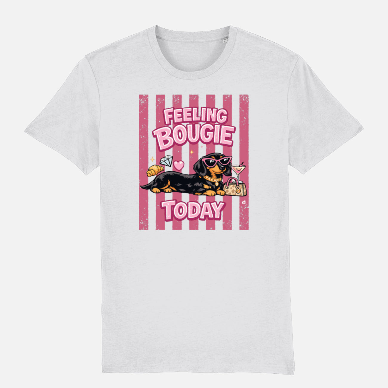 Feeling Bougie Today Dachshund T-shirt design with pink retro stripes, sunglasses, handbag, cocktail and croissant on white t-shirt