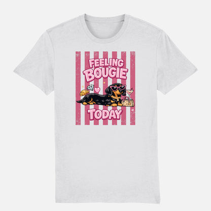 Feeling Bougie Today Dachshund T-shirt design with pink retro stripes, sunglasses, handbag, cocktail and croissant on white t-shirt