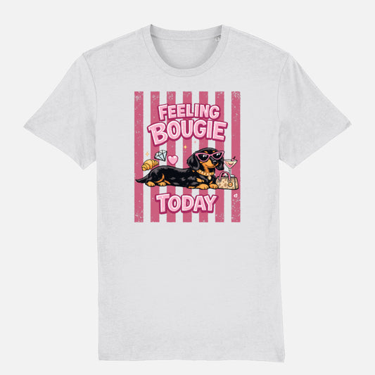 Feeling Bougie Today Dachshund T-shirt design with pink retro stripes, sunglasses, handbag, cocktail and croissant on white t-shirt