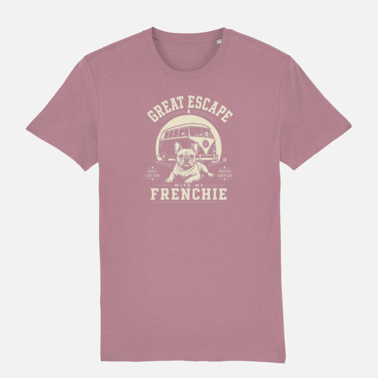 Lilac Dream coloured t-shirt with 'Great Escape with my Frenchie' graphic on a white background