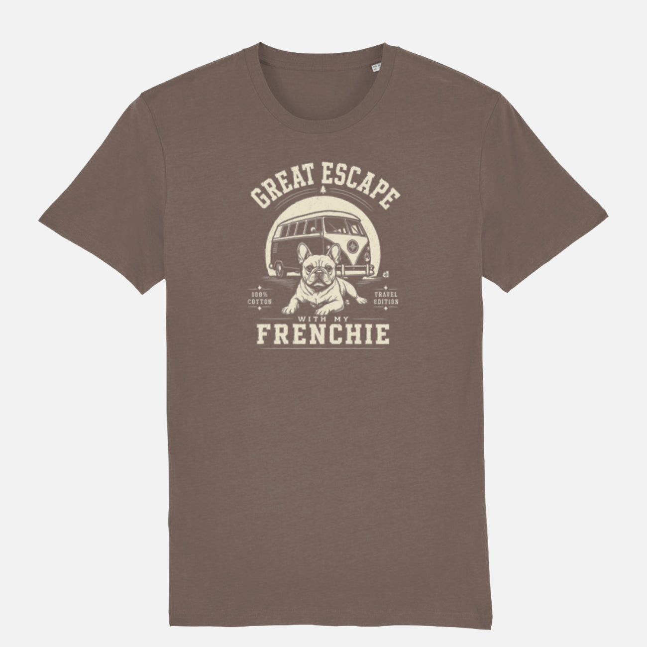 Mocha t-shirt with white graphic and text on a light grey background