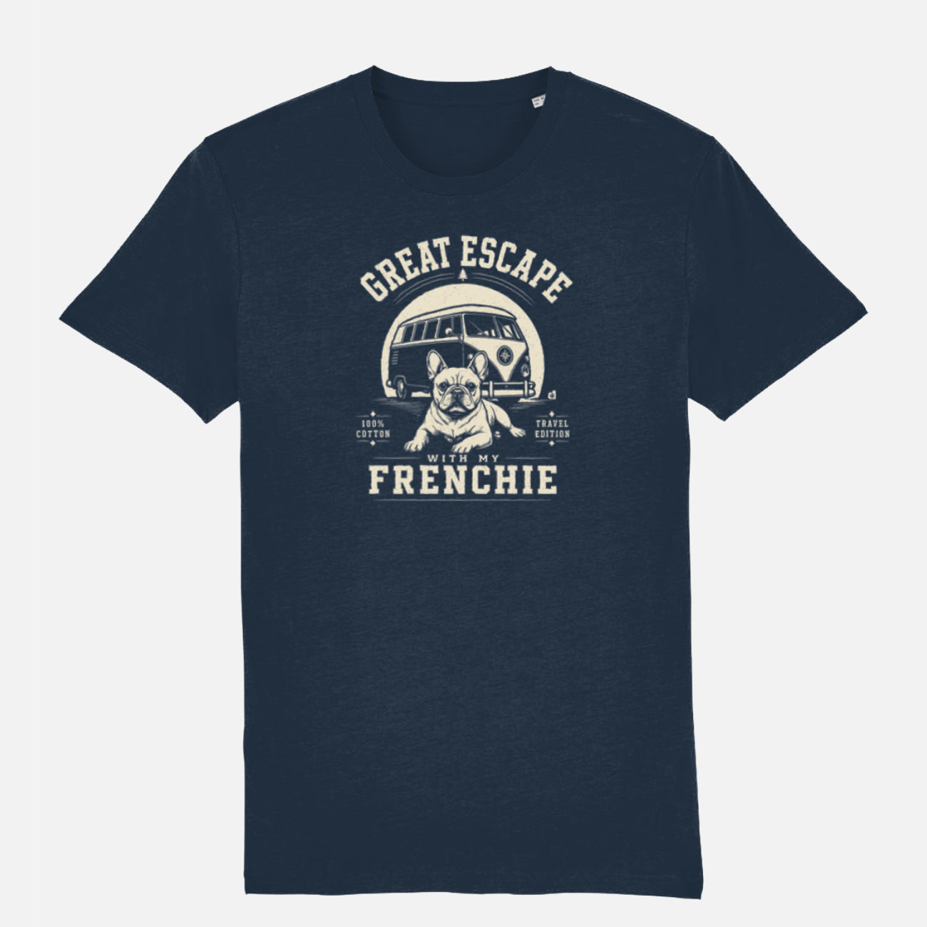 Navy French Bulldog Great Escape T-shirt with cream vintage print