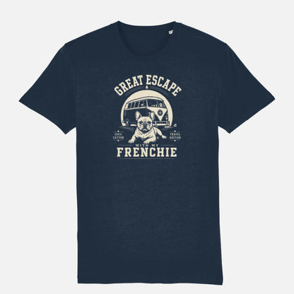 Navy French Bulldog Great Escape T-shirt with cream vintage print